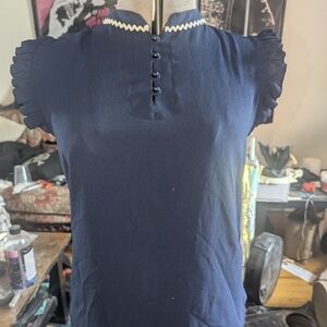 Jennifer Moore Navy Blouse with Ruffled Sleeves